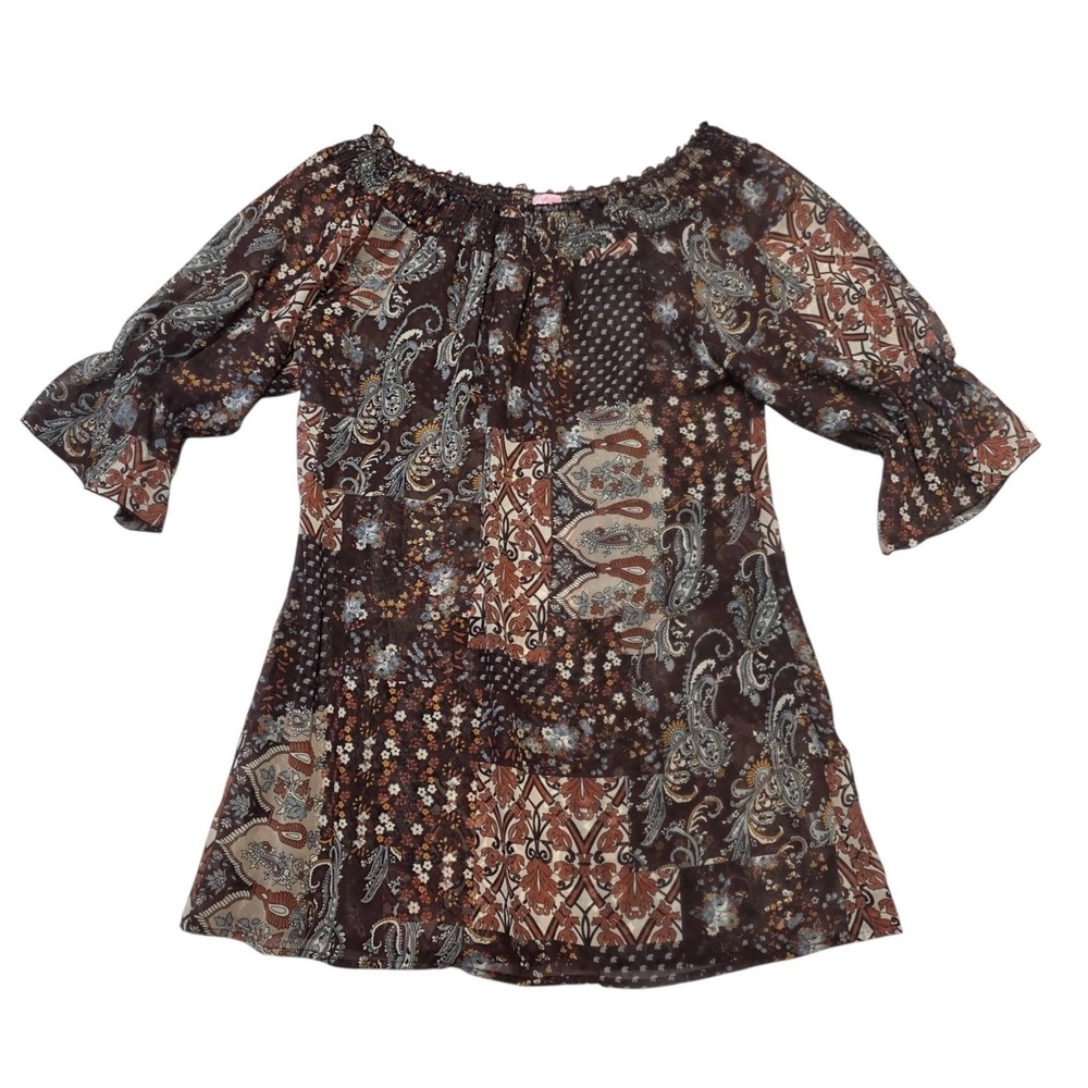 Dolly Up Brown Paisley Print Peasant Top Blouse 3/4 Sleeve Boho Chic - Small
